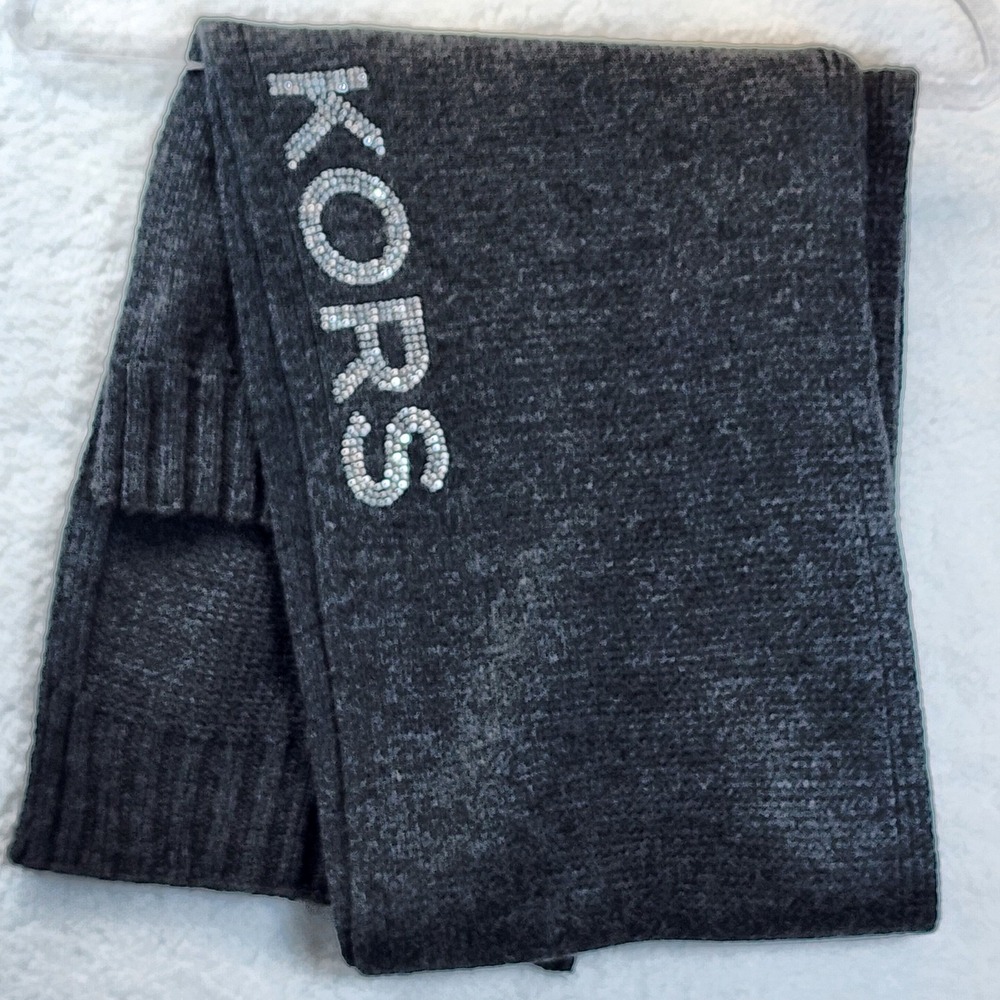 Michael Kors Gray Knit Scarf Embellished Logo Winter Soft Warm Long Shawl Wrap